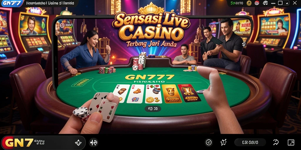 Screenshot gameplay GN777 dengan dealer langsung dan suasana kasino yang menawan.